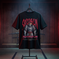 T-shirt oversized enfant Shogun noir posé sur un support, dojo japonais avec katana et lumière rouge dramatique