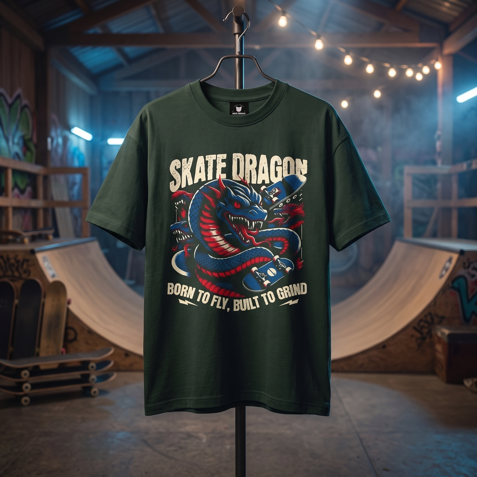 T-shirt enfant oversized Skate Dragon vert foncé, imprimé dragon et skateboards, présenté sur support dans un skatepark intérieur en bois