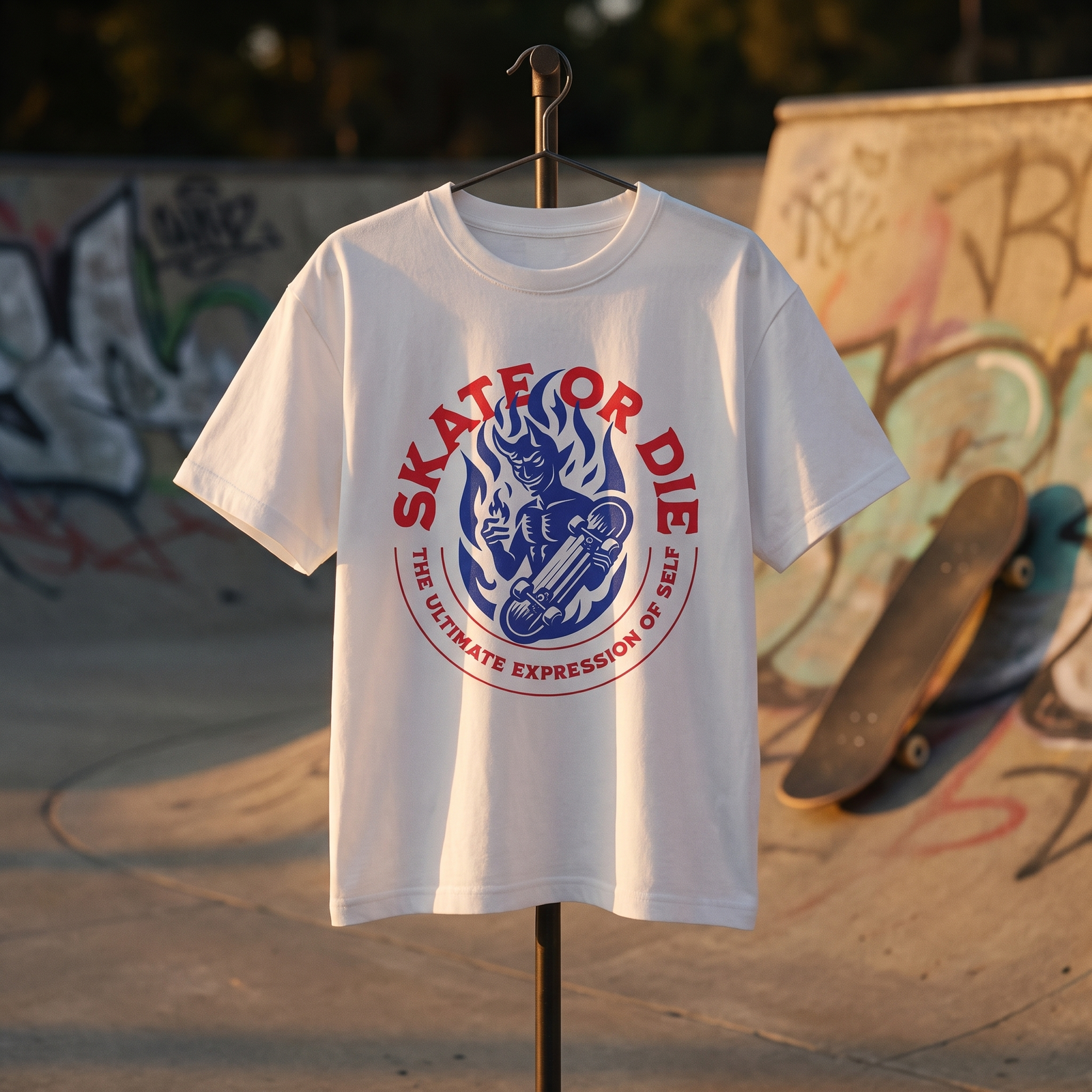 T-shirt enfant oversized Skate or Die blanc, imprimé démon skateur en flammes, présenté sur support dans un skatepark taggé au coucher de soleil