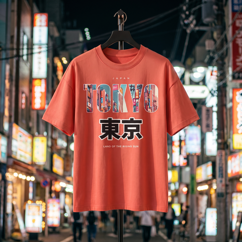 T-shirt oversized enfant Tokyo néons rouge corail posé sur un cintre, rue de Shibuya illuminée de nuit