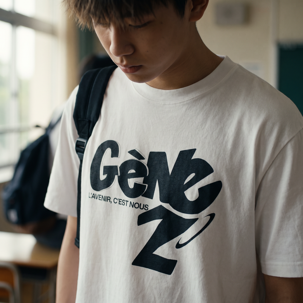 Gros plan du print graffiti « Gène Z – L'avenir c'est nous » sur t-shirt blanc porté – CHT'M Boutique