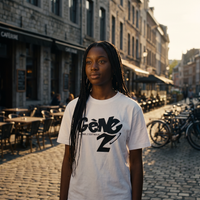 Lycéenne en t-shirt Gen Z blanc « L'avenir c'est nous » dans le quartier étudiant de Liège – tshirt genz pas cher CHT'M