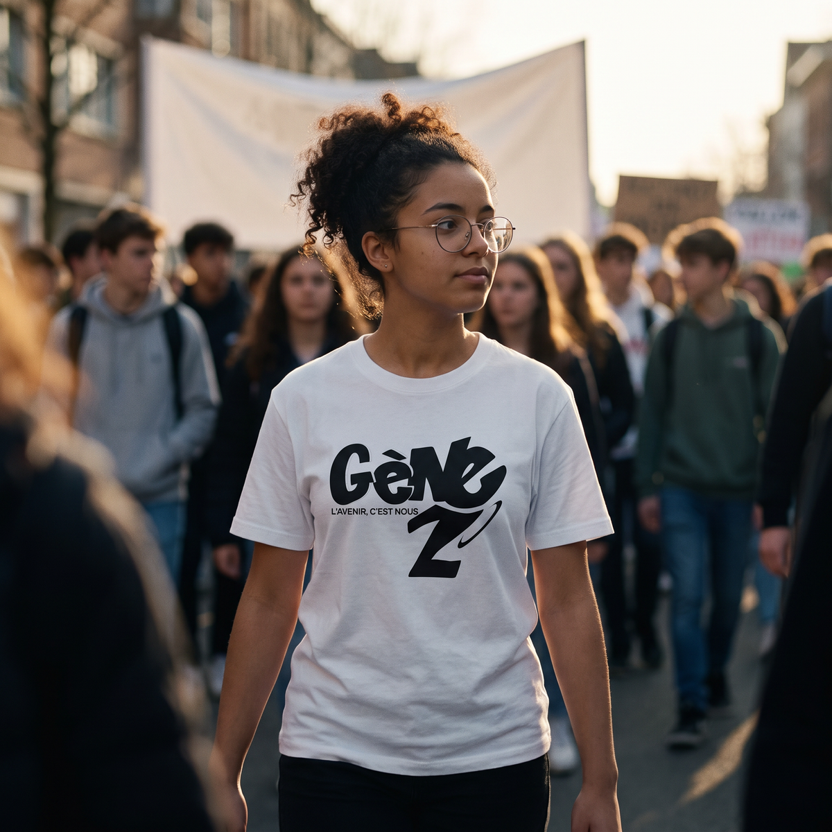 Lycéenne en t-shirt Gen Z blanc « L'avenir c'est nous » dans une marche pacifique de lycéens – t-shirt manif pas cher CHT'M