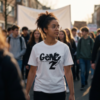 Lycéenne en t-shirt Gen Z blanc « L'avenir c'est nous » dans une marche pacifique de lycéens – t-shirt manif pas cher CHT'M