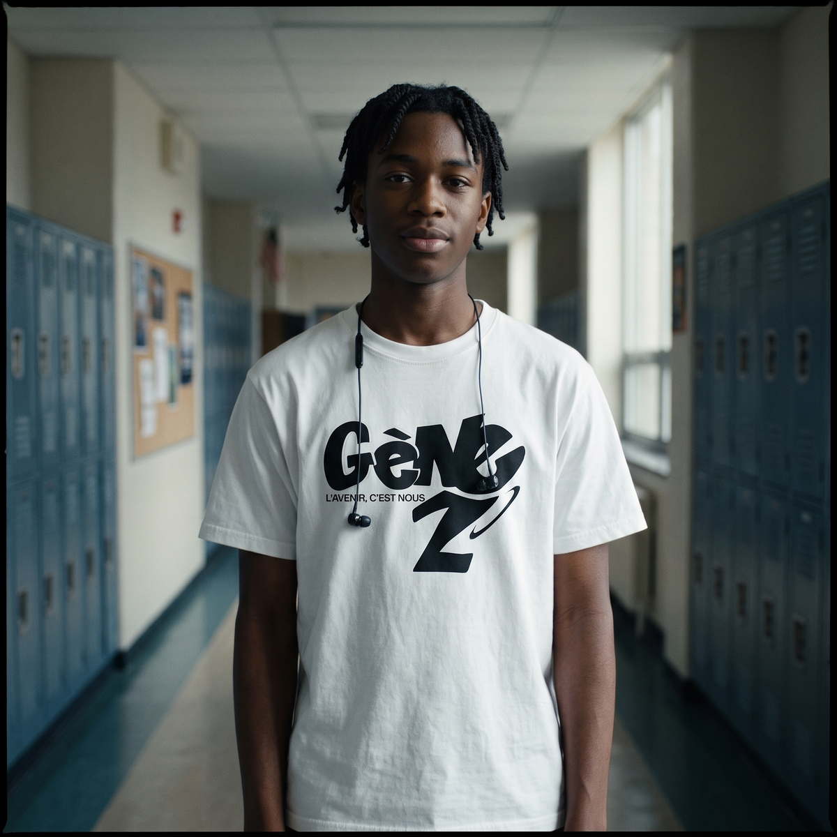 Lycéen portant le t-shirt Gen Z blanc « L'avenir c'est nous » dans un couloir de lycée – tshirt genz pas cher CHT'M