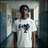 Lycéen portant le t-shirt Gen Z blanc « L'avenir c'est nous » dans un couloir de lycée – tshirt genz pas cher CHT'M