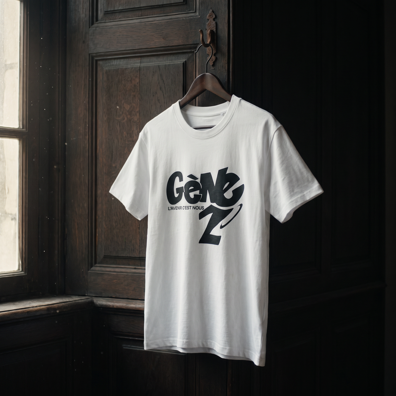 T-shirt Gen Z blanc « L'avenir c'est nous » sur cintre en bois – t-shirt manif original CHT'M