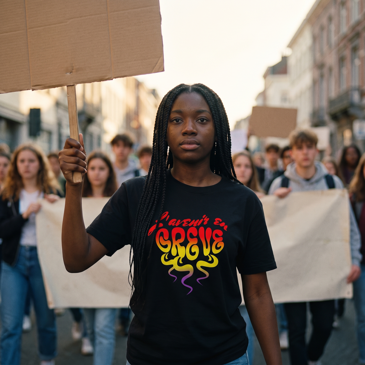 Lycéenne en t-shirt Gen Z noir « L'avenir en grève » dans une marche pacifique de lycéens – t-shirt manif pas cher CHT'M