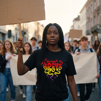 Lycéenne en t-shirt Gen Z noir « L'avenir en grève » dans une marche pacifique de lycéens – t-shirt manif pas cher CHT'M