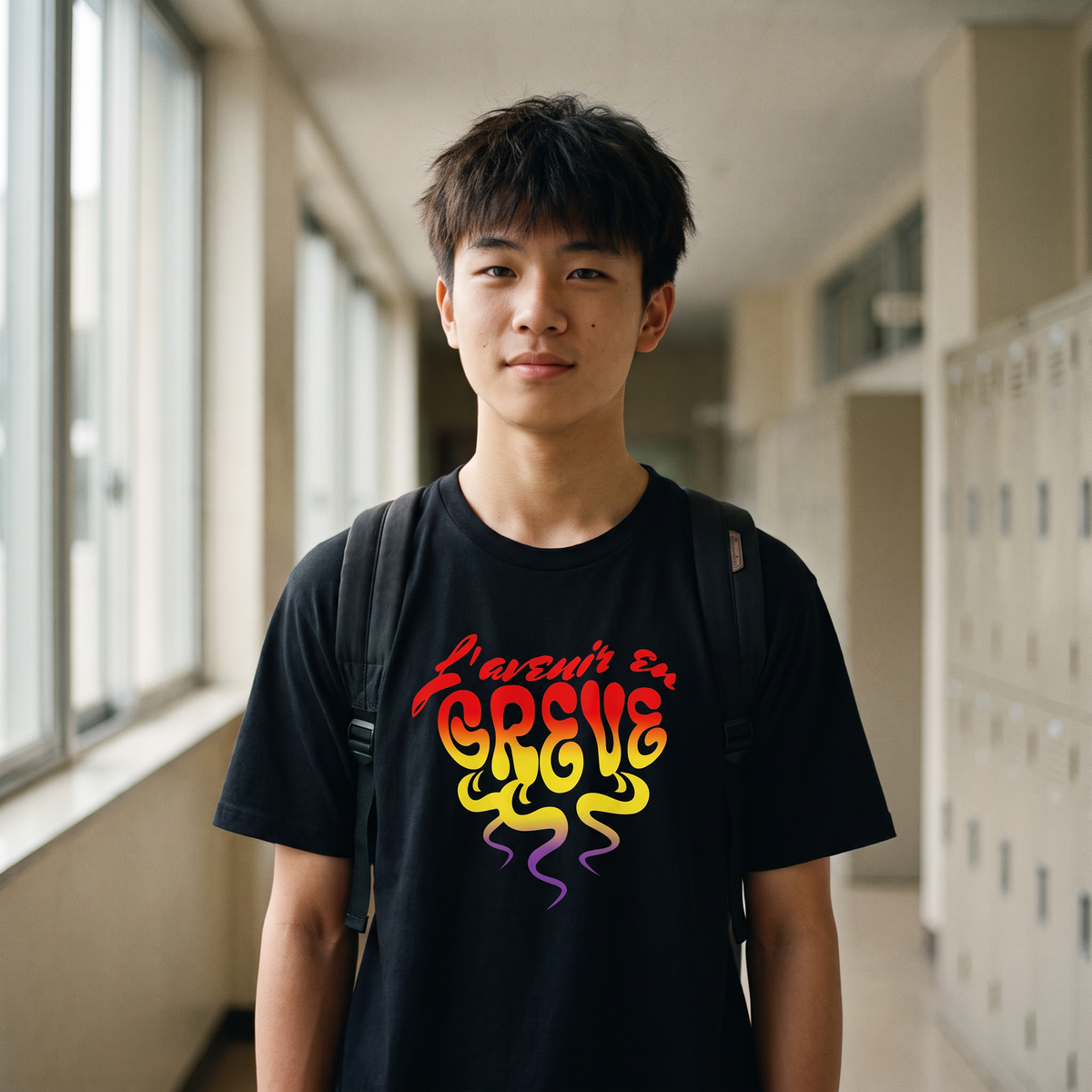 Lycéen portant le t-shirt Gen Z noir « L'avenir en grève » dans un couloir de lycée – tshirt genz pas cher CHT'M