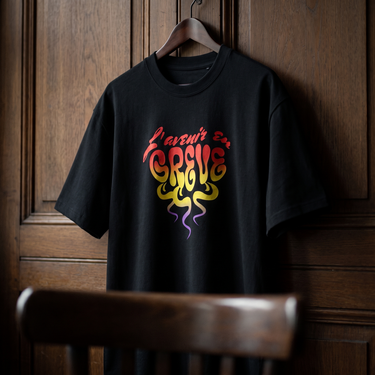 Gros plan du t-shirt Gen Z noir « L'avenir en grève » sur cintre – CHT'M Boutique