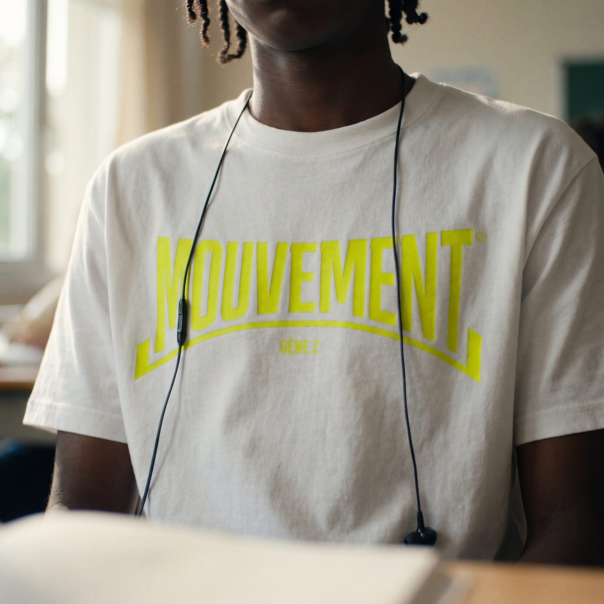 Gros plan du print « Mouvement Gène Z » jaune fluo sur t-shirt blanc porté – CHT'M Boutique