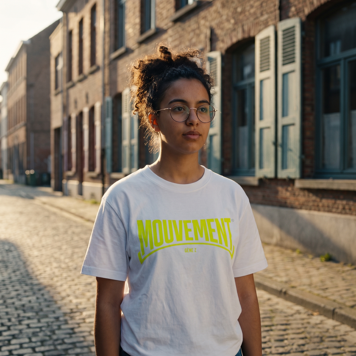 Lycéenne en t-shirt Gen Z blanc « Mouvement » dans une rue d'Anvers – tshirt genz pas cher CHT'M