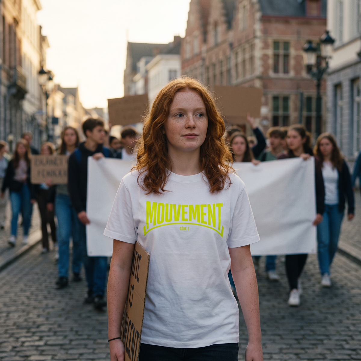 Lycéenne en t-shirt Gen Z blanc « Mouvement » dans une marche pacifique de lycéens – t-shirt manif pas cher CHT'M