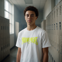 Lycéen portant le t-shirt Gen Z blanc « Mouvement » dans un couloir de lycée – tshirt genz pas cher CHT'M