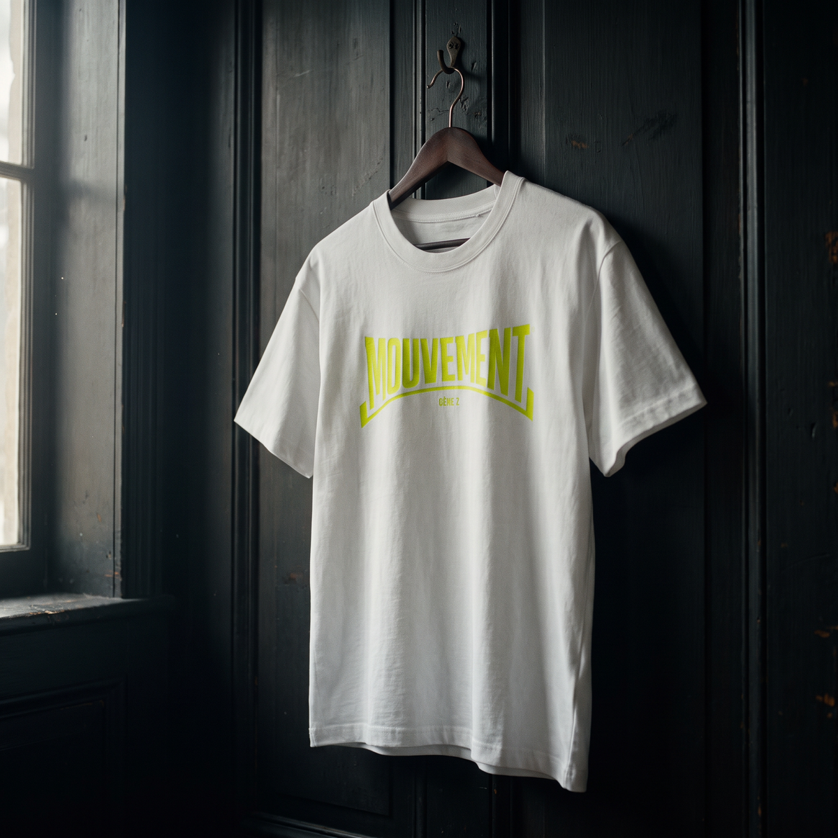 T-shirt Gen Z blanc « Mouvement » jaune fluo sur cintre en bois – t-shirt manif original CHT'M