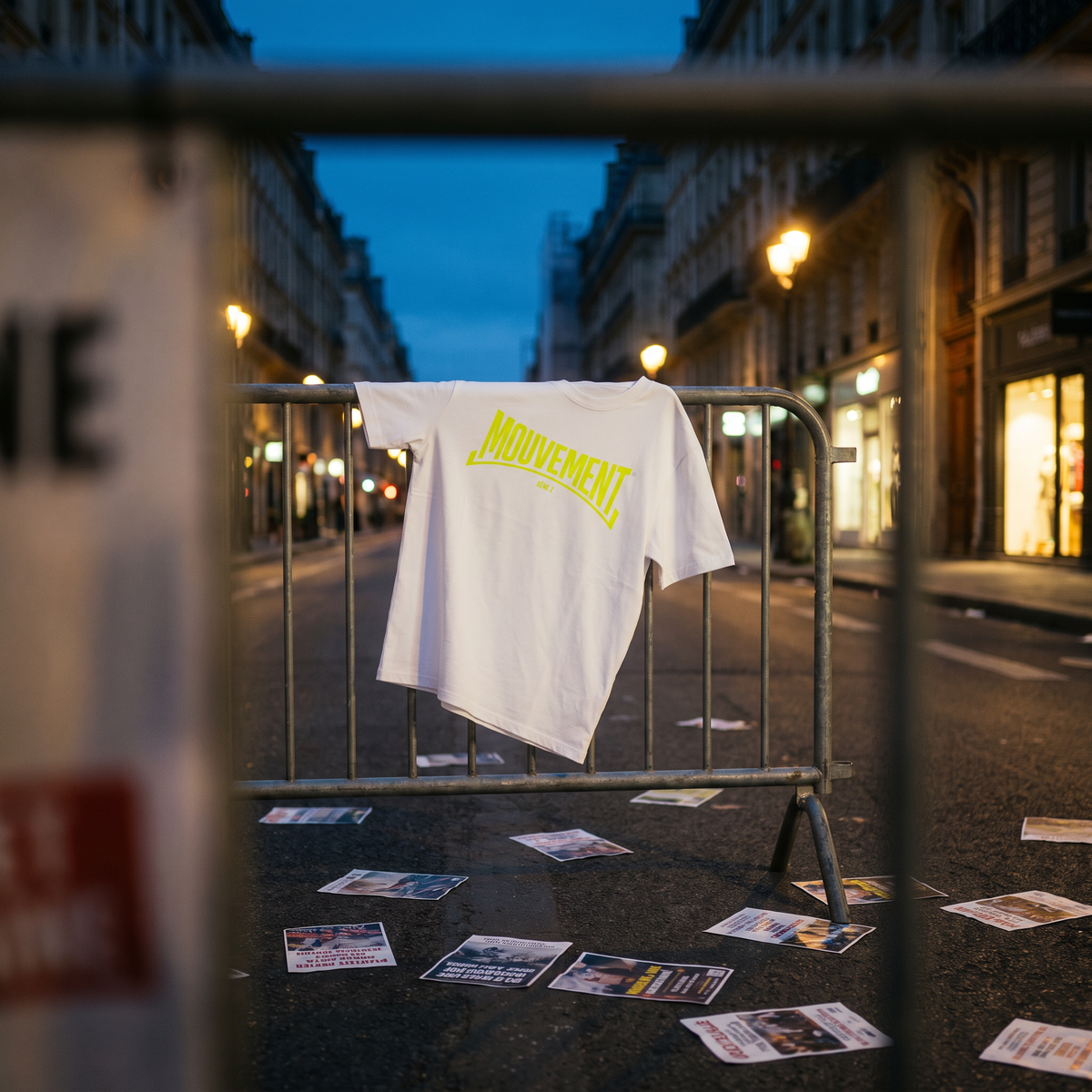 T-shirt Gen Z blanc « Mouvement » accroché à une barrière après une marche, à l'heure bleue – t-shirt manif pas cher CHT'M