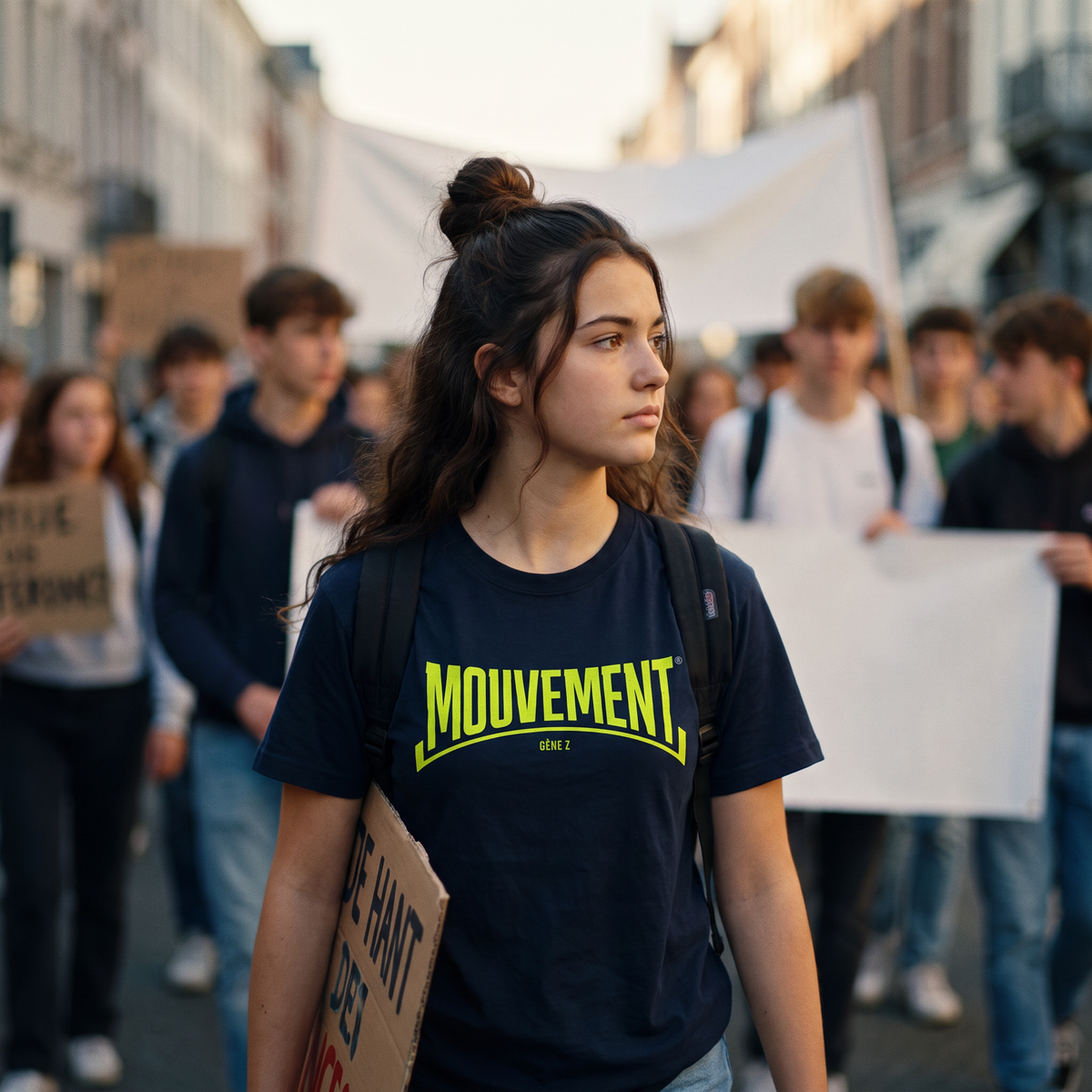 Lycéenne en t-shirt Gen Z bleu marine « Mouvement » dans une marche pacifique de lycéens – t-shirt manif pas cher CHT'M