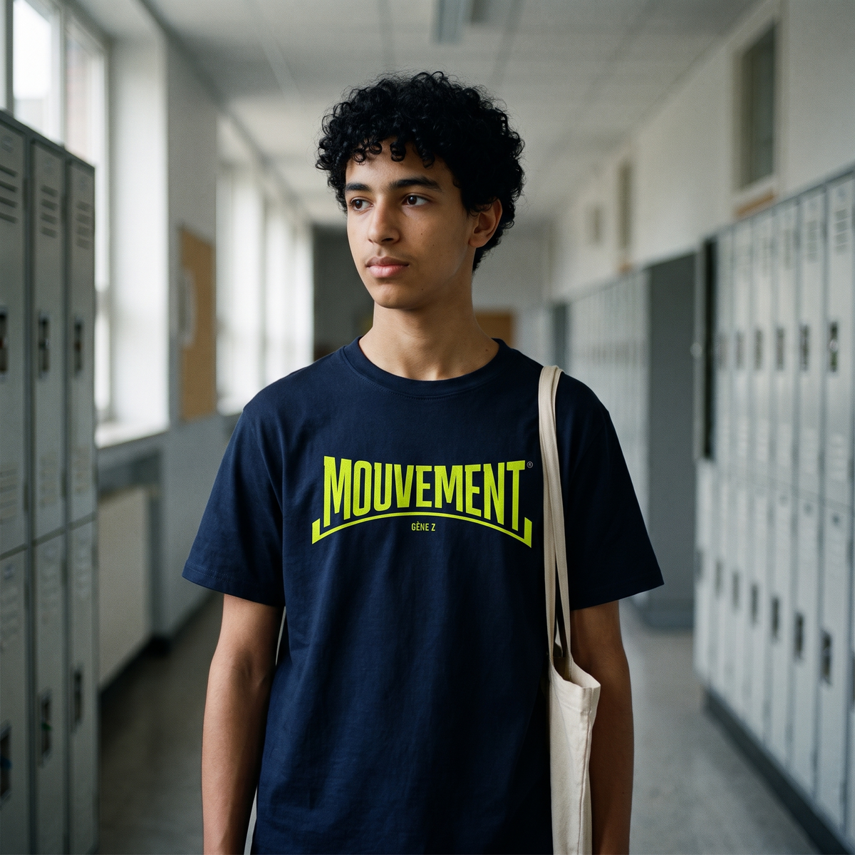 Lycéen portant le t-shirt Gen Z bleu marine « Mouvement » dans un couloir de lycée – tshirt genz pas cher CHT'M
