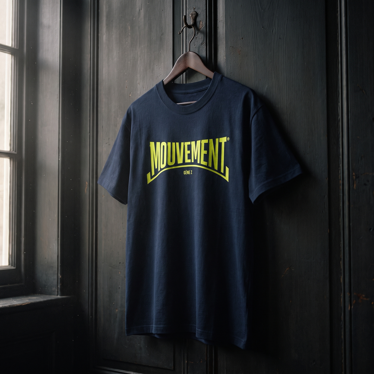 T-shirt Gen Z bleu marine « Mouvement » jaune fluo sur cintre en bois – t-shirt manif original CHT'M