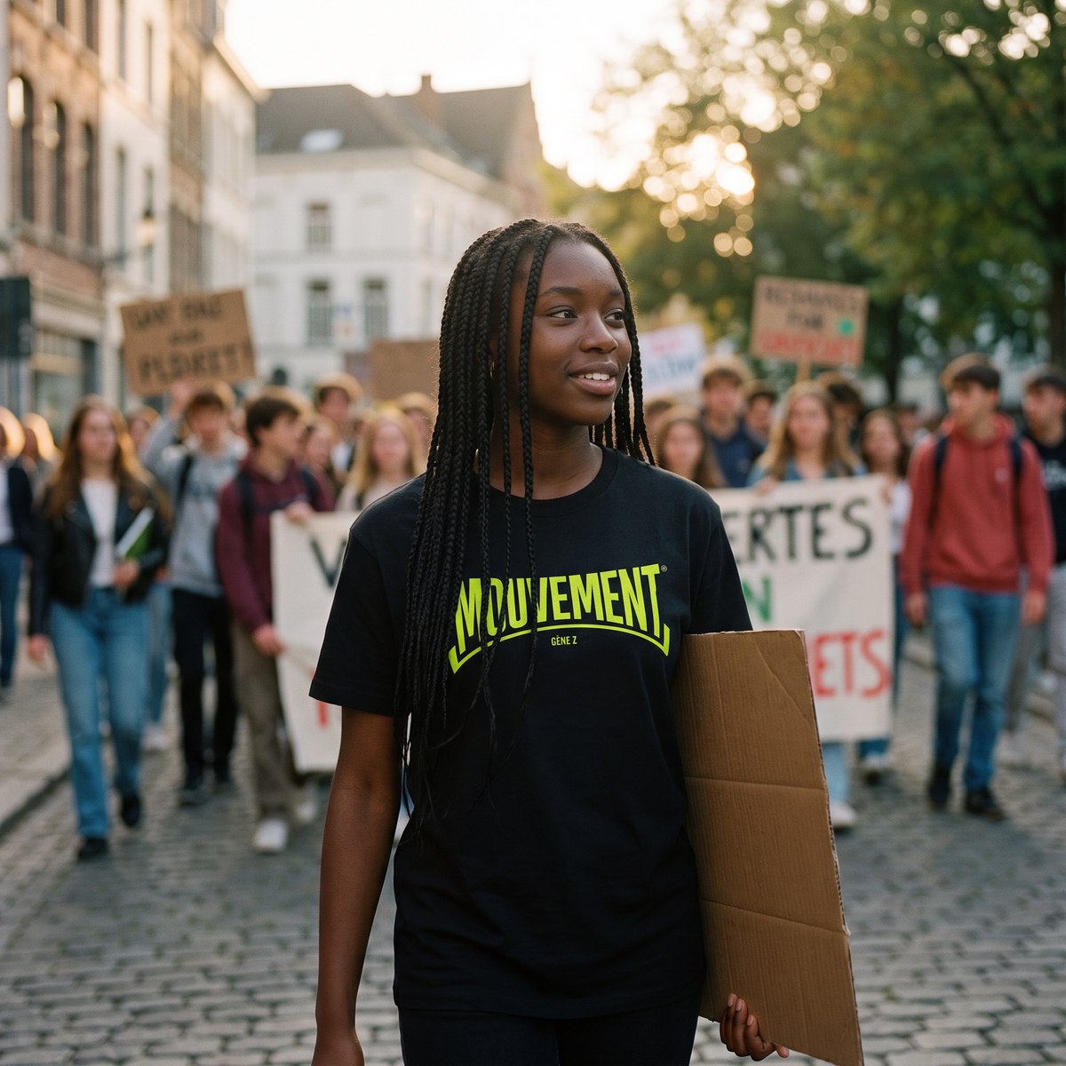 Lycéenne en t-shirt Gen Z noir « Mouvement » dans une marche pacifique de lycéens – t-shirt manif pas cher CHT'M
