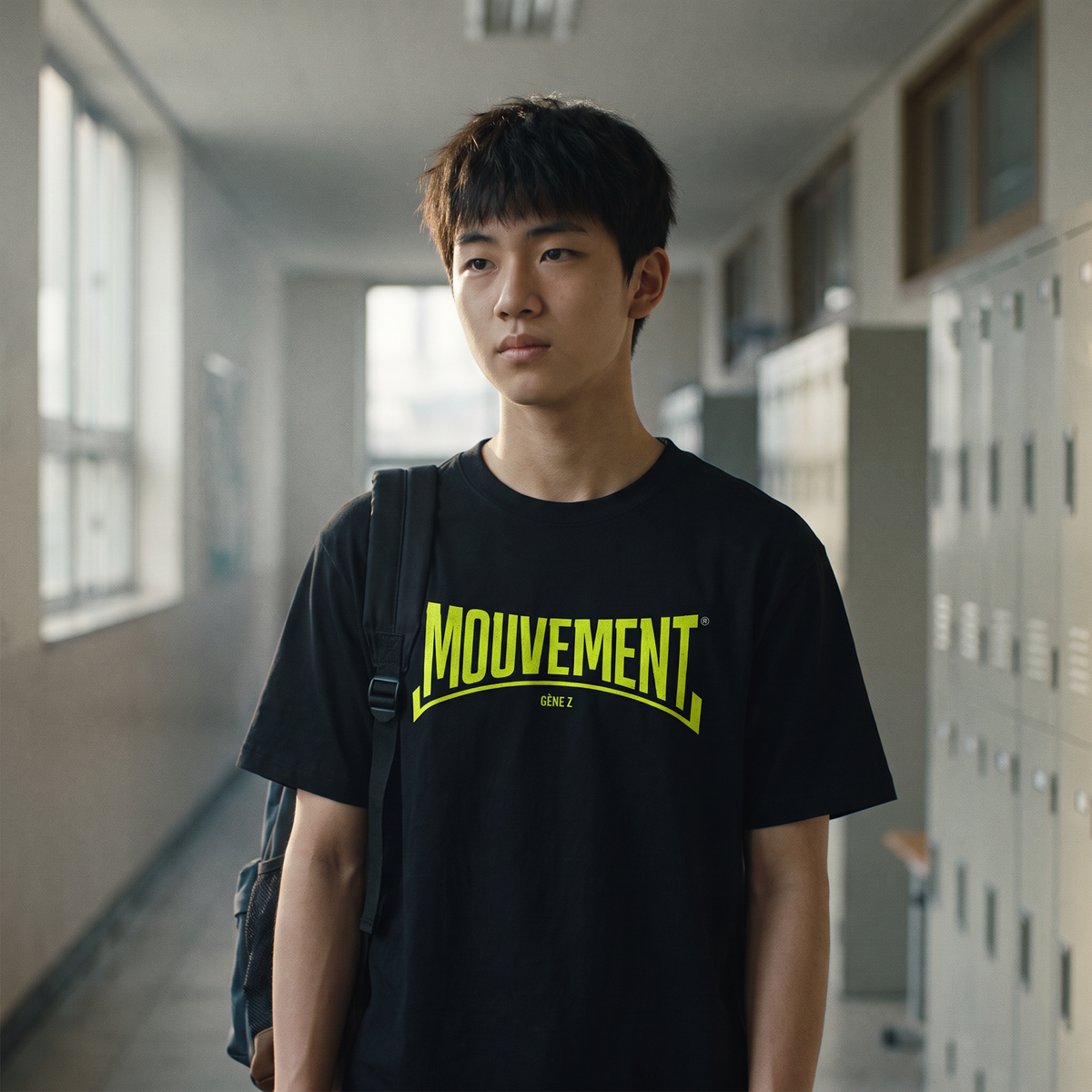 Lycéen portant le t-shirt Gen Z noir « Mouvement » dans un couloir de lycée – tshirt genz pas cher CHT'M