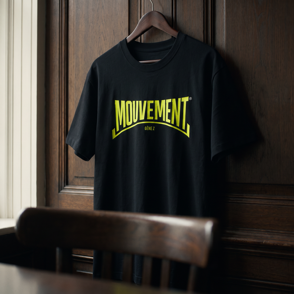 Gros plan du t-shirt Gen Z noir « Mouvement » jaune fluo sur cintre – CHT'M Boutique
