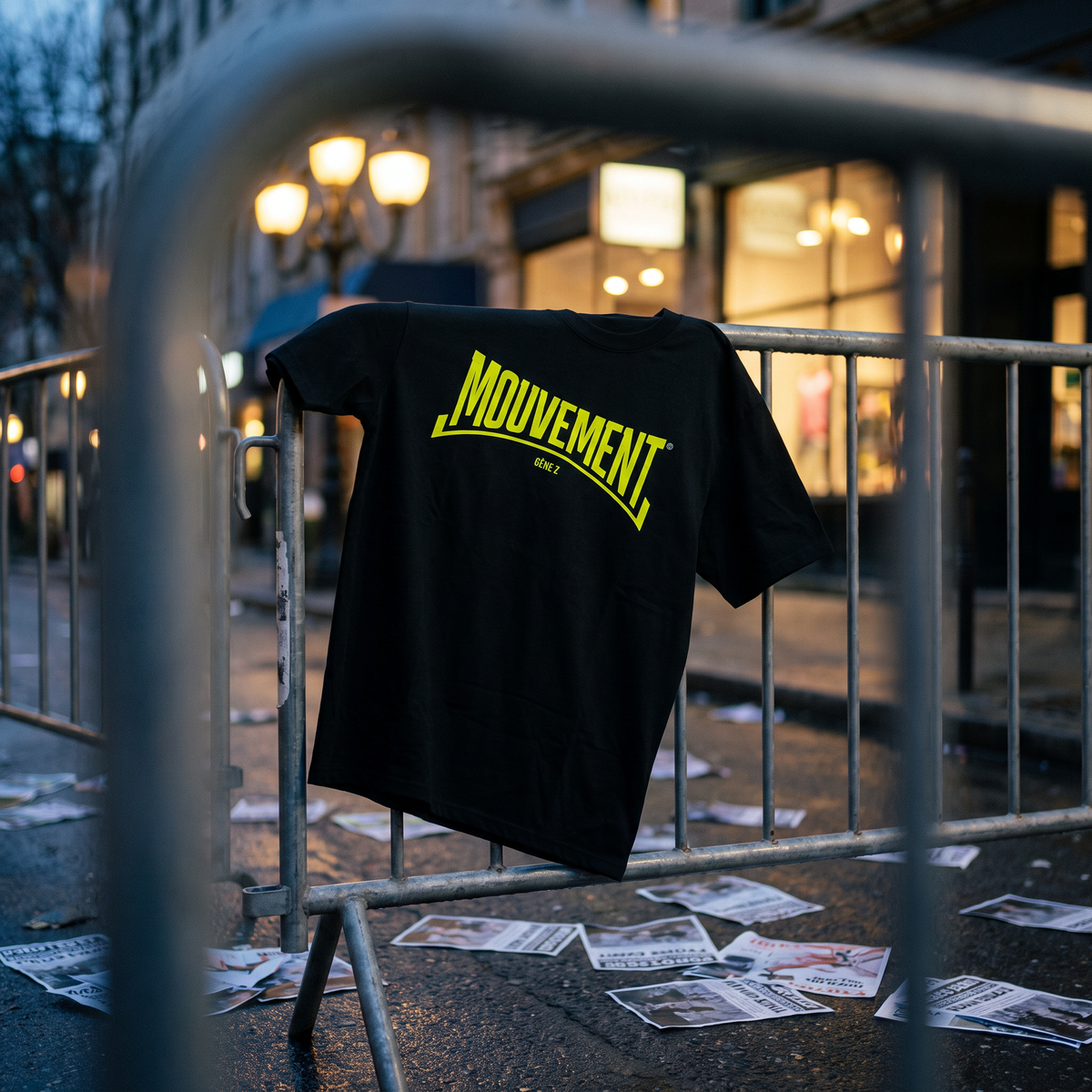 T-shirt Gen Z noir « Mouvement » accroché à une barrière après une marche, à l'heure bleue – t-shirt manif pas cher CHT'M