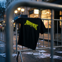 T-shirt Gen Z noir « Mouvement » accroché à une barrière après une marche, à l'heure bleue – t-shirt manif pas cher CHT'M