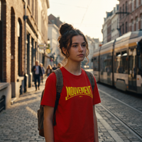 Lycéenne en t-shirt Gen Z rouge « Mouvement » dans une rue de Bruxelles – tshirt genz pas cher CHT'M