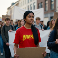Lycéenne en t-shirt Gen Z rouge « Mouvement » dans une marche pacifique de lycéens – t-shirt manif pas cher CHT'M