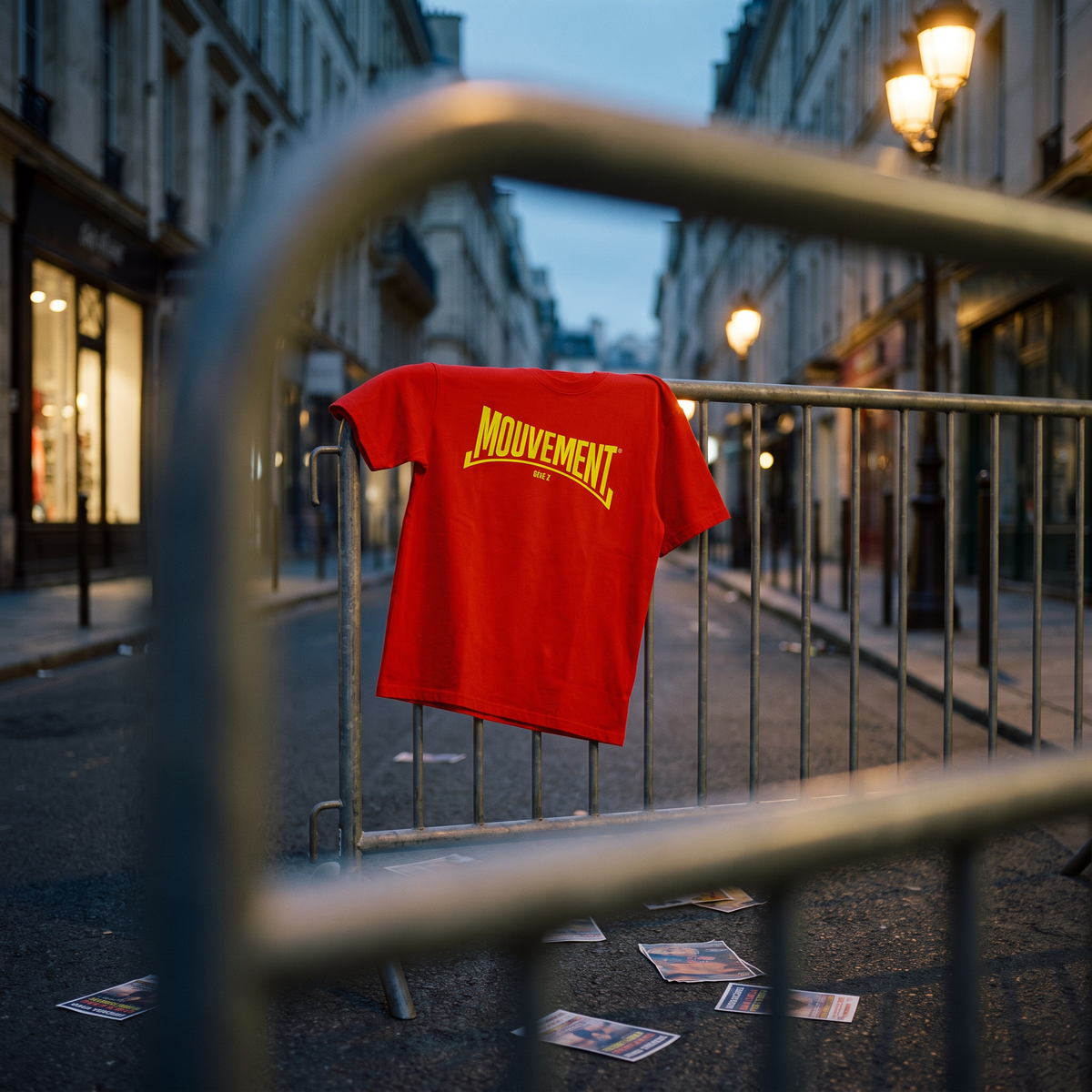 T-shirt Gen Z rouge « Mouvement » accroché à une barrière après une marche, à l'heure bleue – t-shirt manif pas cher CHT'M