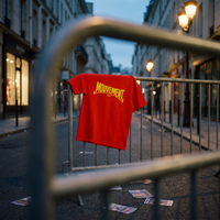 T-shirt Gen Z rouge « Mouvement » accroché à une barrière après une marche, à l'heure bleue – t-shirt manif pas cher CHT'M
