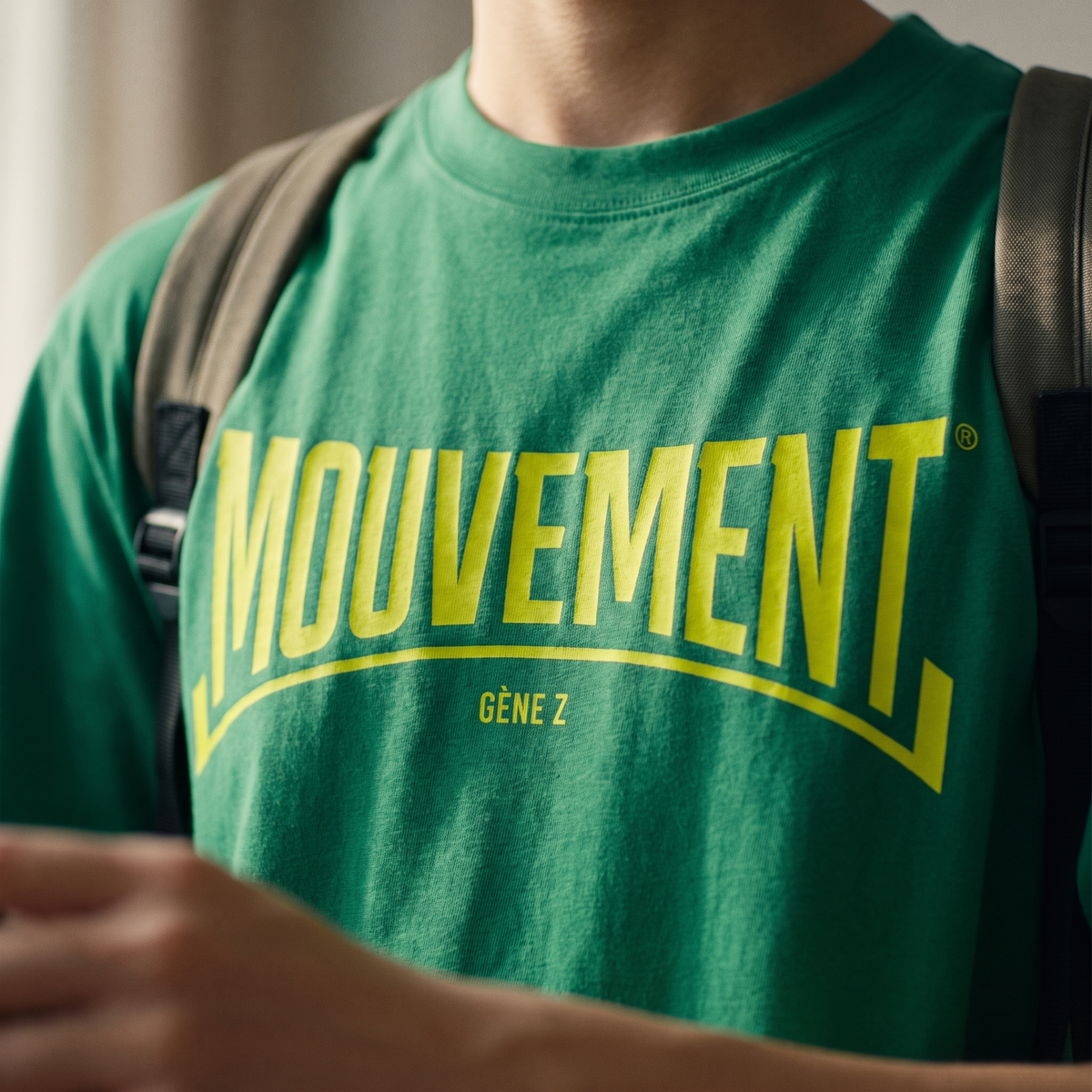 Gros plan du print « Mouvement Gène Z » jaune fluo sur t-shirt vert prairie porté – CHT'M Boutique