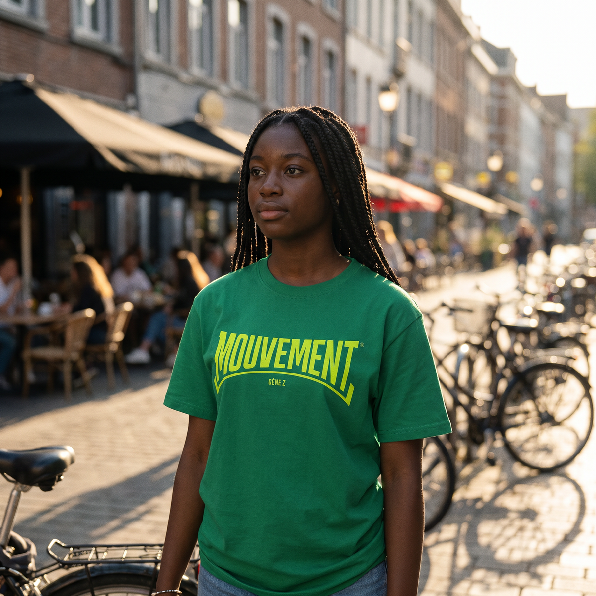 Lycéenne en t-shirt Gen Z vert prairie « Mouvement » dans le quartier étudiant de Liège – tshirt genz pas cher CHT'M