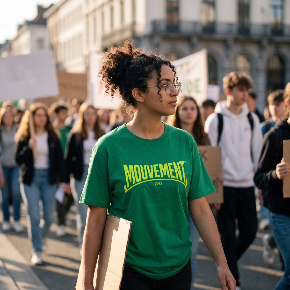 Lycéenne en t-shirt Gen Z vert prairie « Mouvement » dans une marche pacifique de lycéens – t-shirt manif pas cher CHT'M