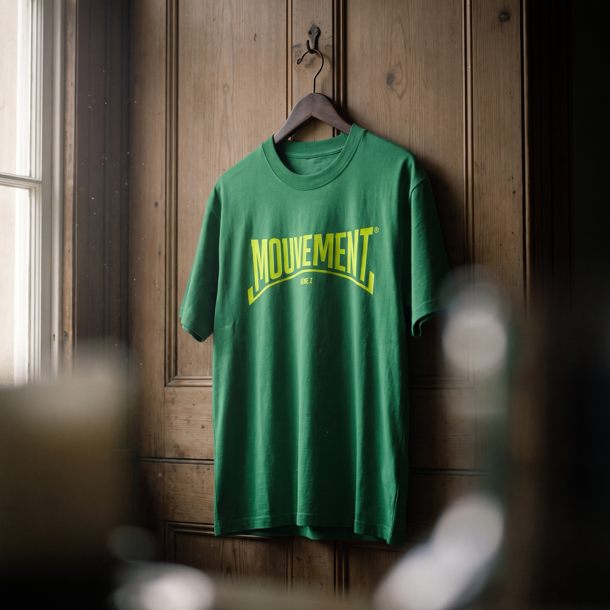 T-shirt Gen Z vert prairie « Mouvement » jaune fluo sur cintre en bois – t-shirt manif original CHT'M