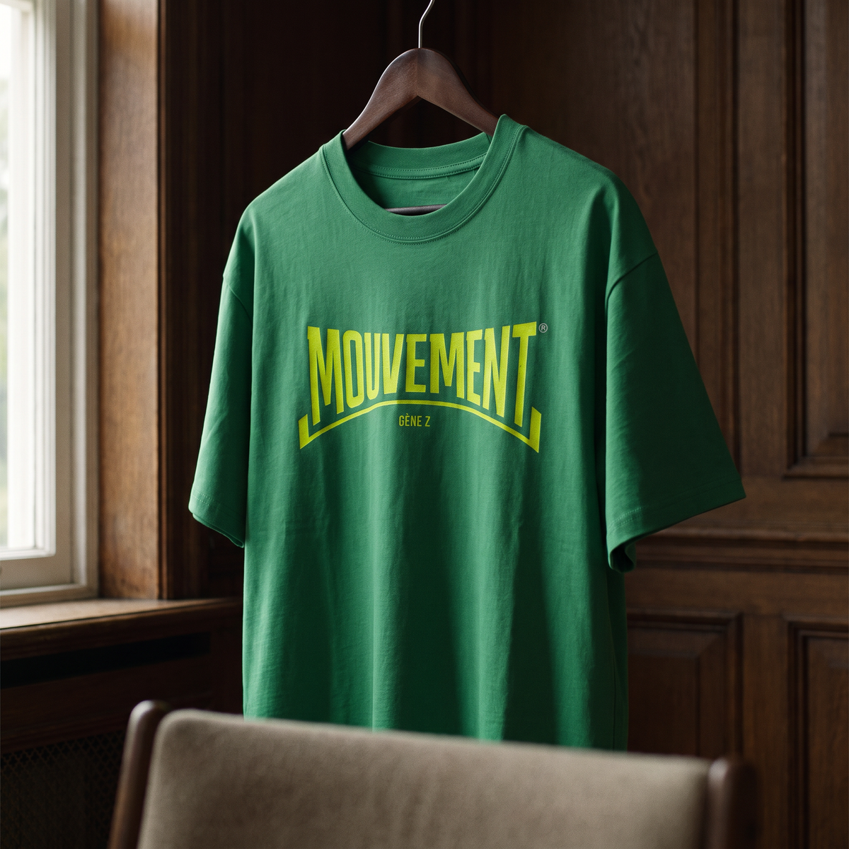 Gros plan du t-shirt Gen Z vert prairie « Mouvement » jaune fluo sur cintre – CHT'M Boutique