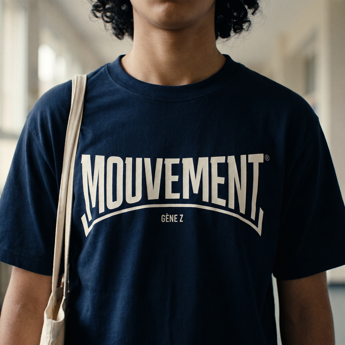 Gros plan du print blanc « Mouvement Gène Z » sur t-shirt bleu marine porté – CHT'M Boutique