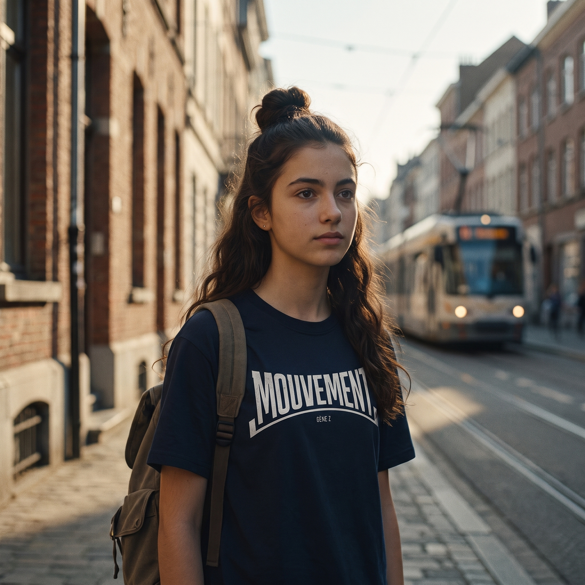 Lycéenne en t-shirt Gen Z bleu marine « Mouvement » logo blanc dans une rue de Bruxelles avec un tram – tshirt genz pas cher CHT'M