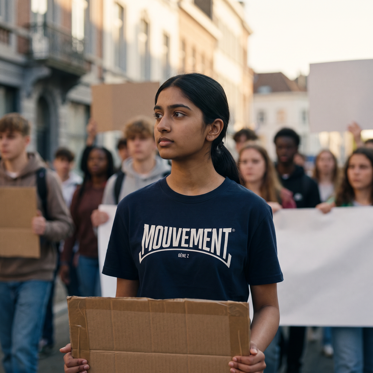Lycéenne en t-shirt Gen Z bleu marine « Mouvement » logo blanc dans une marche pacifique de lycéens – t-shirt manif pas cher CHT'M