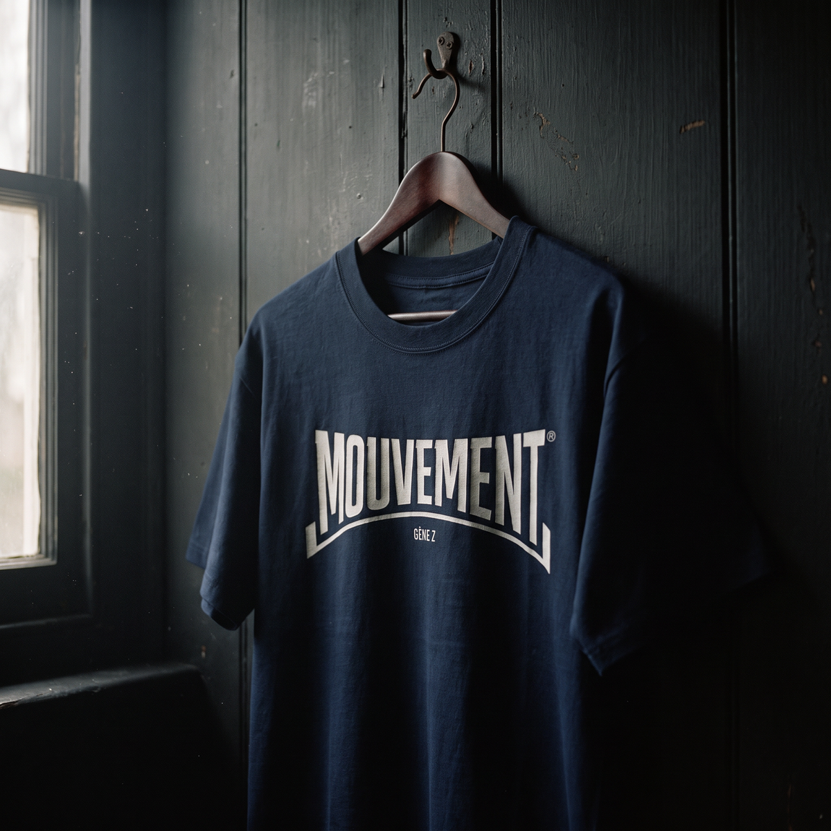 T-shirt Gen Z bleu marine « Mouvement » logo blanc sur cintre en bois – t-shirt manif original CHT'M