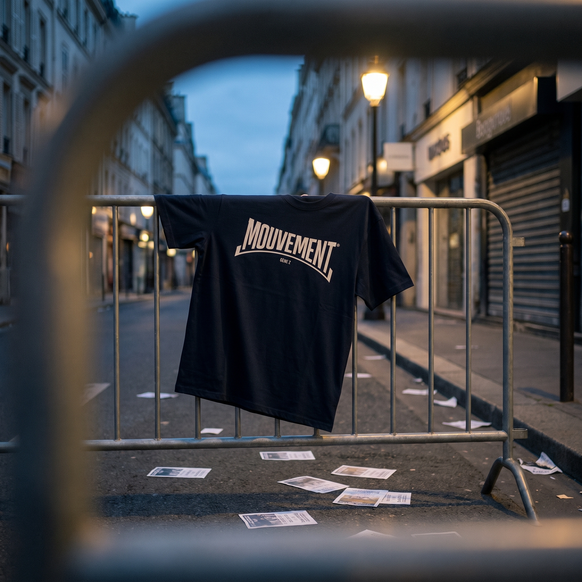 T-shirt Gen Z bleu marine « Mouvement » logo blanc accroché à une barrière après une marche, à l'heure bleue – t-shirt manif pas cher CHT'M