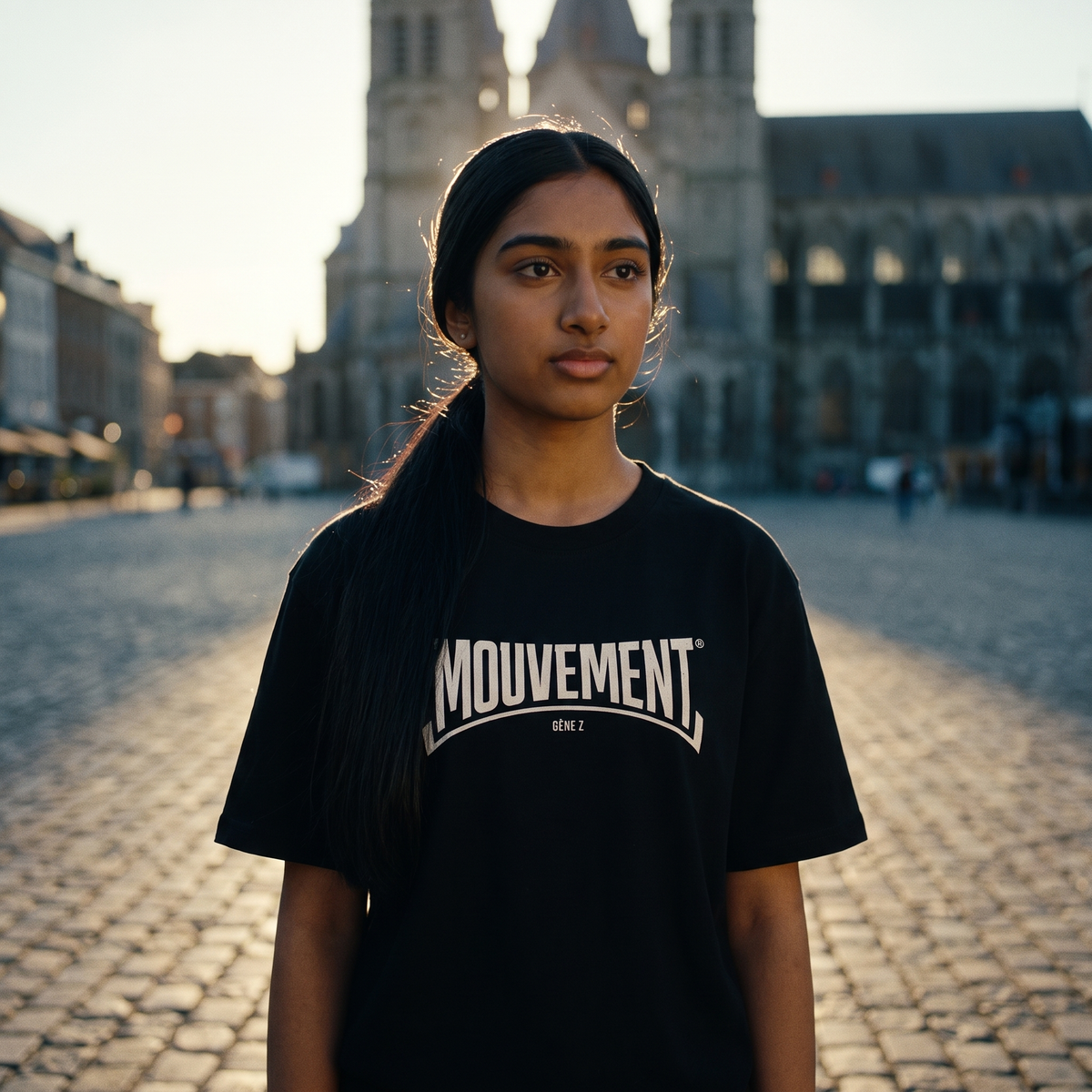 Lycéenne en t-shirt Gen Z noir « Mouvement » logo blanc sur la Grand-Place de Tournai – tshirt genz pas cher CHT'M