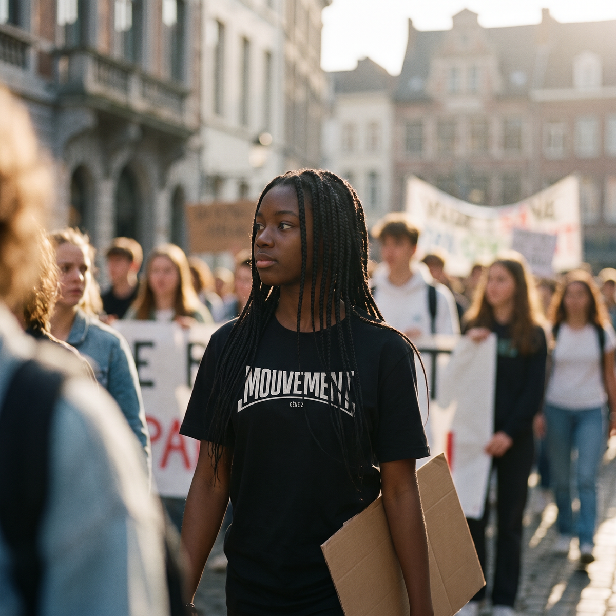 Lycéenne en t-shirt Gen Z noir « Mouvement » logo blanc dans une marche pacifique de lycéens – t-shirt manif pas cher CHT'M