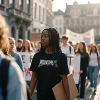 Lycéenne en t-shirt Gen Z noir « Mouvement » logo blanc dans une marche pacifique de lycéens – t-shirt manif pas cher CHT'M
