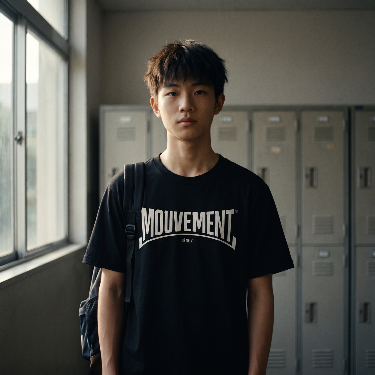 Lycéen portant le t-shirt Gen Z noir « Mouvement » logo blanc dans un couloir de lycée – tshirt genz pas cher CHT'M