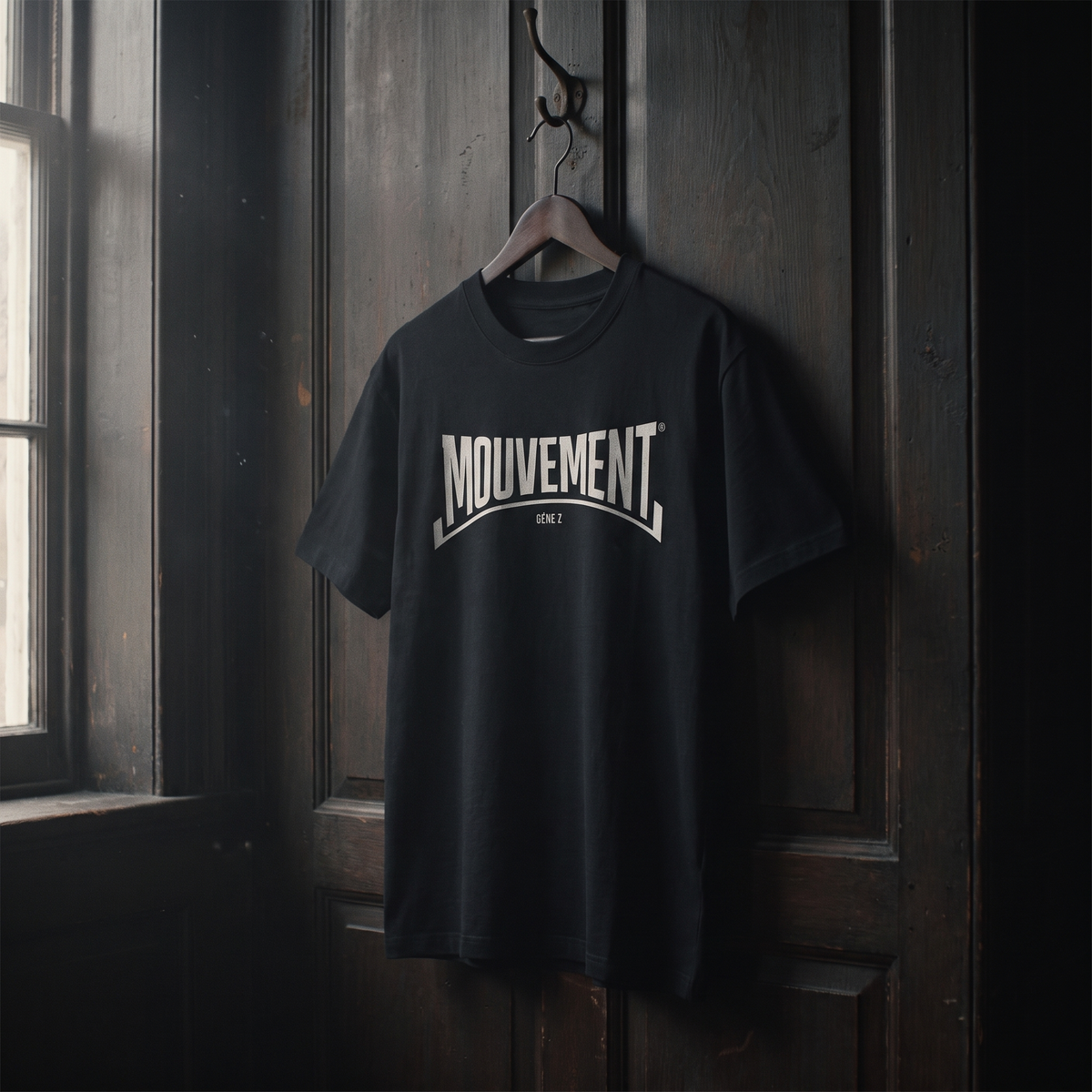 T-shirt Gen Z noir « Mouvement » logo blanc sur cintre en bois – t-shirt manif original CHT'M