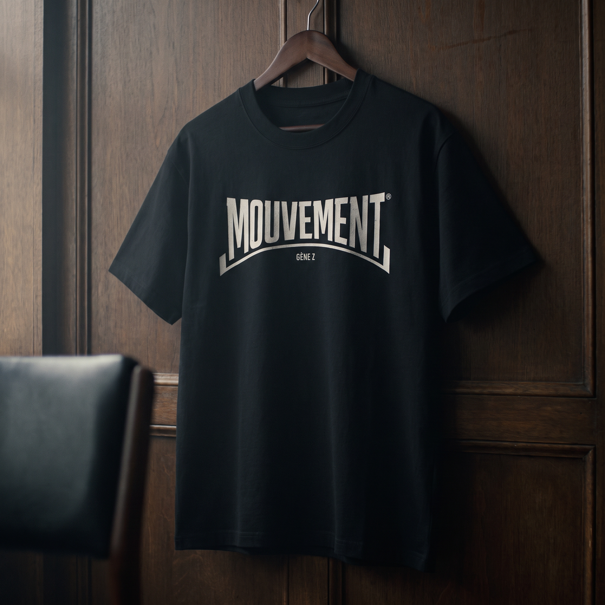Gros plan du t-shirt Gen Z noir « Mouvement » logo blanc sur cintre – CHT'M Boutique