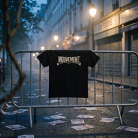 T-shirt Gen Z noir « Mouvement » logo blanc accroché à une barrière après une marche, à l'heure bleue – t-shirt manif pas cher CHT'M